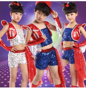 Red white royal blue sequins tuxedo sequins shrug shoulder competition performance practice jazz girls children kids boys school play hip hop performance dancing outfits costumes dance wear 